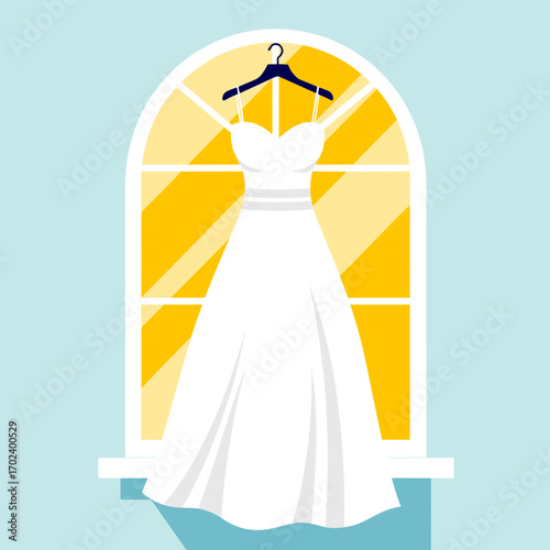 Elegant White Wedding Dress Hanging in Front of a Bright Window Illustration