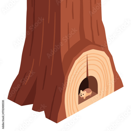 Cartoon Illustration of a Hollow Tree Trunk with a Small Animal Inside its Den