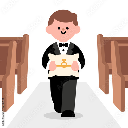 Illustration of a Ring Bearer Carrying a Pillow with a Wedding Ring Down the Aisle