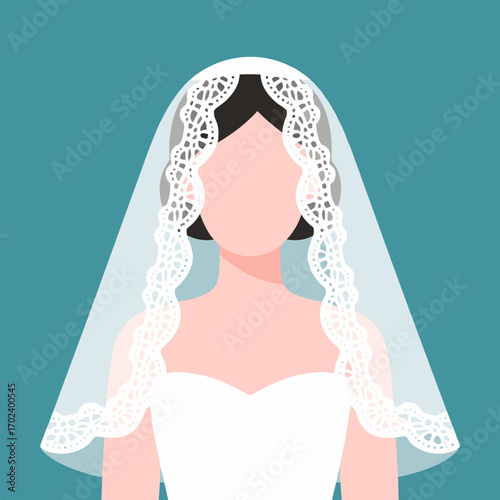 Elegant Wedding Veil with Lace Trim on a Bride in a White Dress Flat Design Illustration