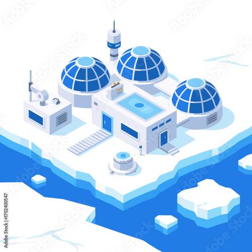 Isometric Illustration of a Polar Research Station on Ice Floe with Domes and Scientific Equipment