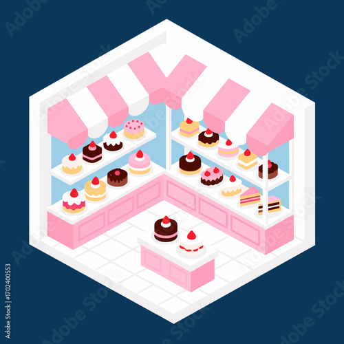 Isometric View of a Cute Pink Bakery Shop Filled with Delicious Cakes and Pastries Illustration
