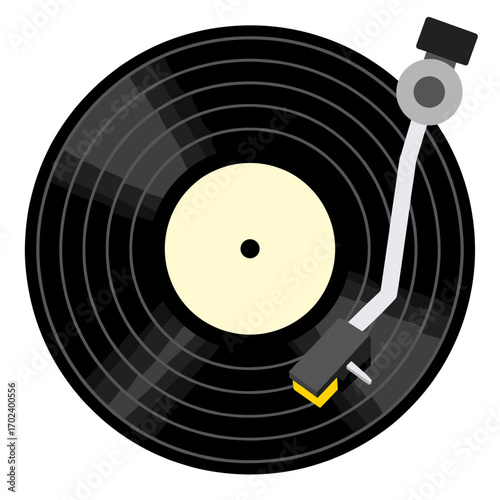 Illustration of a Vinyl Record Player with Black Disc and Stylus Arm for Music Playback