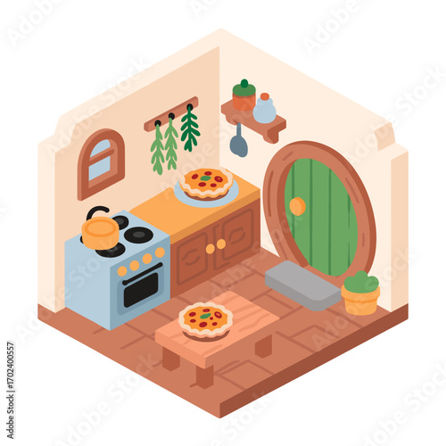 Isometric Illustration of a Cozy Hobbit Kitchen Interior with Round Door and Pizza