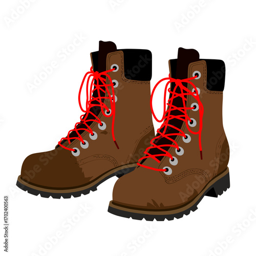 Illustration of Brown Leather Work Boots with Red Laces, Isolated on White Background