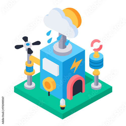 Isometric Weather Station Illustration with Cloud, Rain, Sun, and Wind Turbine for Environmental Monitoring
