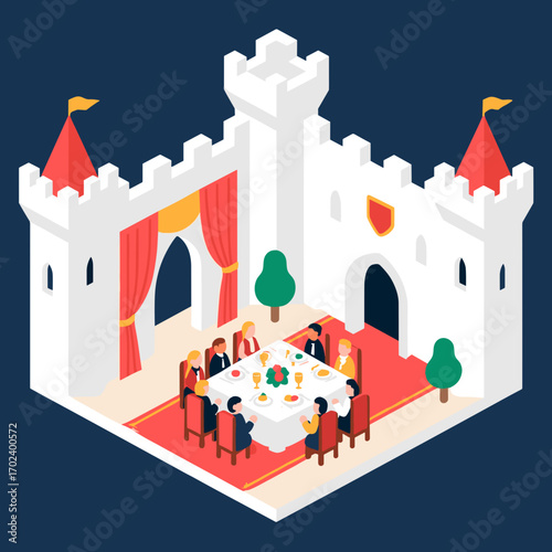 Isometric Illustration of a Castle Dining Hall with People Eating at a Table, Red Curtains and Flags