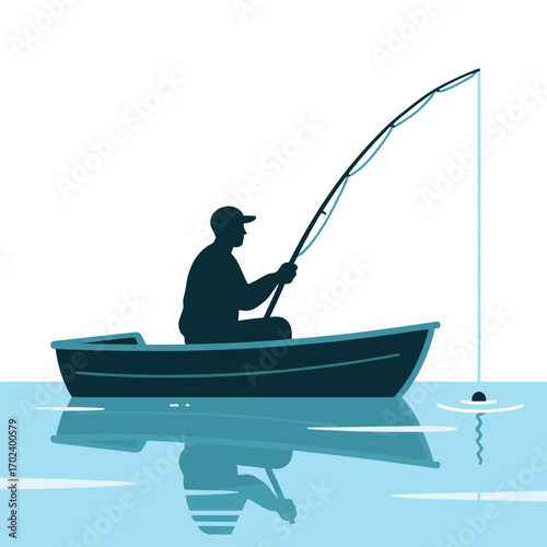 Silhouette of a Fisherman Sitting in a Boat Fishing with a Rod and Reel on Calm Water