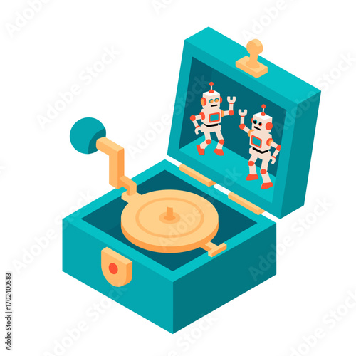Isometric Illustration of a Turquoise Music Box with Robots Dancing Inside, Nostalgic Toy Design