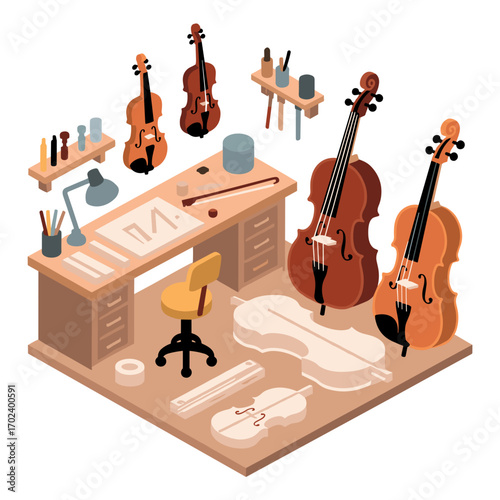 Isometric Illustration of a Violin Maker's Workshop with Instruments and Tools, Creating Violins