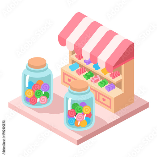 Isometric Candy Shop with Jars of Colorful Candies and Pink Awning, Sweet Treats Illustration