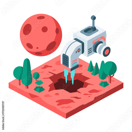 Isometric Mars Landscape with Drilling Machine and Red Planet, a Vector Illustration