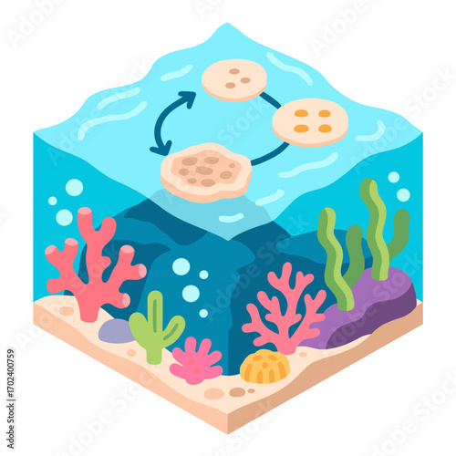 Cartoon Illustration of Coral Bleaching Cycle in the Ocean with Corals and Seaweed