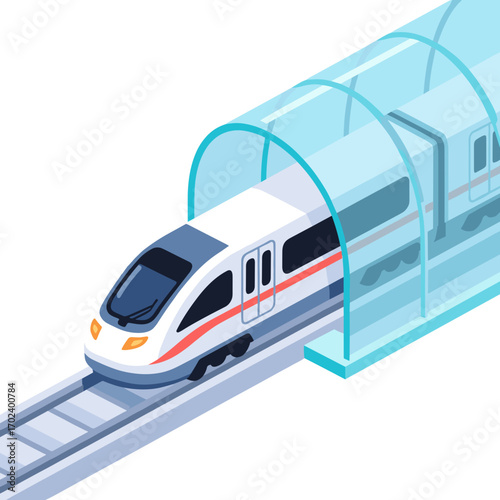 Isometric High Speed Train Entering Tunnel Illustration, Modern Transportation and Infrastructure Design