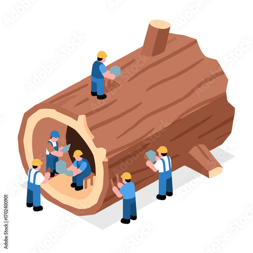 Isometric Illustration of Teamwork: Workers Building Inside a Hollow Log, Construction and Collaboration Concept