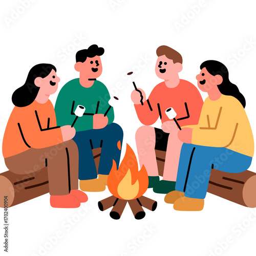 Group of Friends Gathered Around a Campfire Roasting Marshmallows Illustration