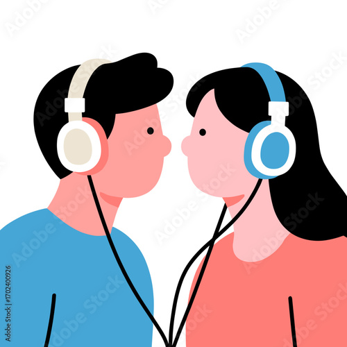 Illustration of a Boy and Girl Listening to Music with Headphones Sharing a Single Earphone Jack