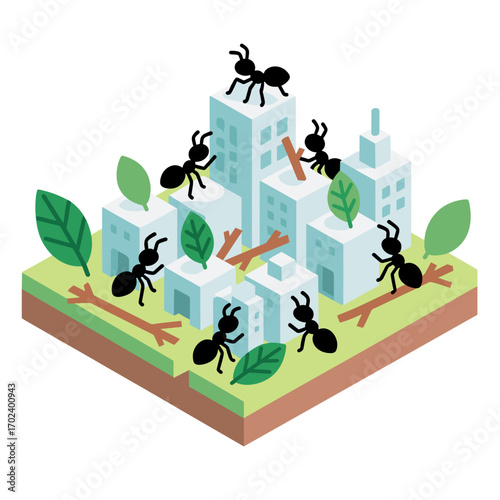 Cartoon Ants Constructing a Cityscape with Leaves and Twigs, Isometric View Illustration