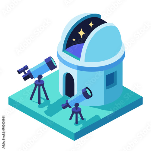 Isometric Illustration of an Observatory with Telescopes Observing Stars in the Night Sky