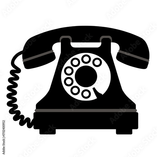 Black Rotary Dial Telephone Vector Illustration Isolated on White Background, Vintage Communication Technology