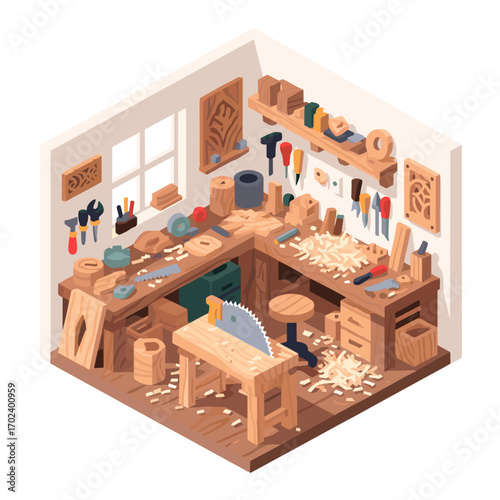 Isometric View of a Woodworking Workshop with Tools and Wood Shavings Illustration