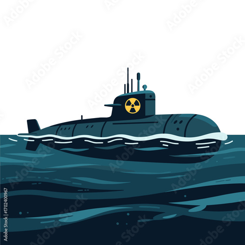 Illustration of a Nuclear Submarine Sailing on the Ocean Surface with a Symbol of Radioactivity