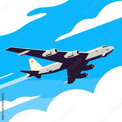 B-52 Stratofortress Flying Through Cloudy Blue Sky Illustration, Long-Range Strategic Bomber Aircraft