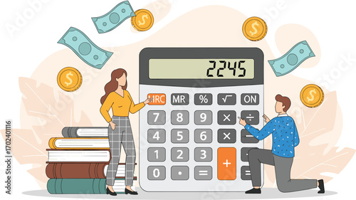 Financial calculation vector illustration, people using large calculator, budgeting and money management concept, flat design, black yellow white