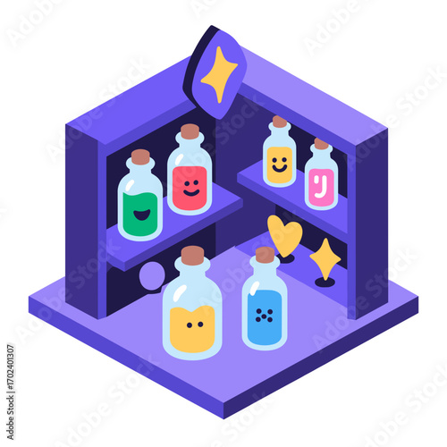 Isometric Potion Shop Illustration with Bottles of Colorful Elixirs and Happy Faces