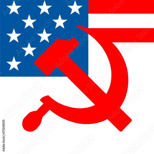 Controversial Symbolism: American Flag Overlaid with Communist Hammer and Sickle Graphic Illustration