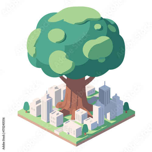 Isometric Cityscape with Large Tree, Minimalist Buildings, and Green Spaces Illustration