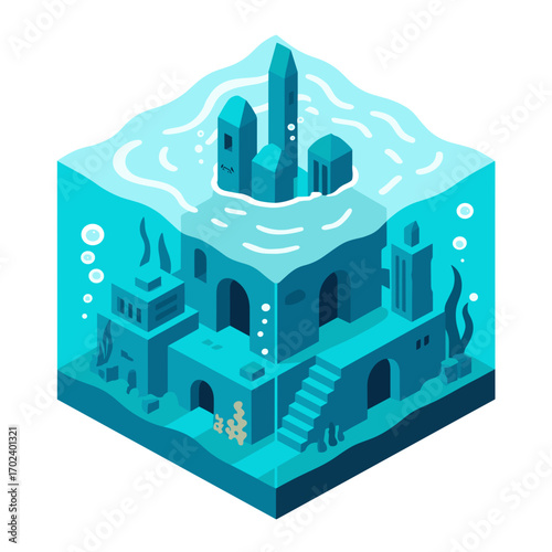 Isometric Underwater City Illustration with Buildings and Seaweed in a Tranquil Blue Ocean Environment