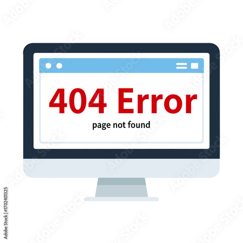 404 Error Page Not Found Message Displayed on a Computer Screen, Flat Design Illustration