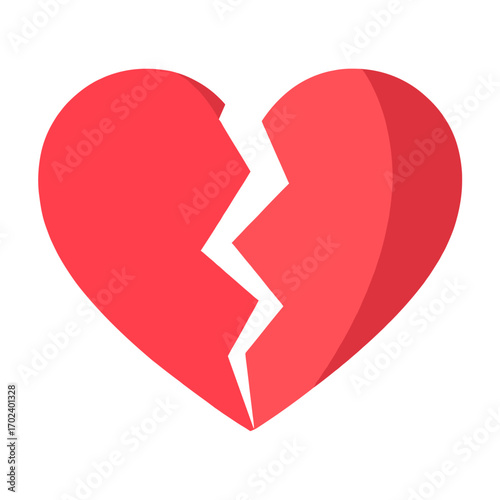 Broken Red Heart Symbolizing Heartbreak and Loss, Representing Sadness and Emotional Pain in a Simple Flat Design