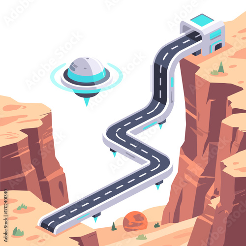Isometric Martian Landscape with Elevated Road, UFO, and Habitation Module Illustration