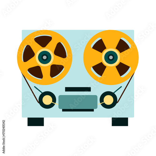 Retro Reel-to-Reel Tape Recorder Vector Illustration with Yellow Reels and Light Blue Casing