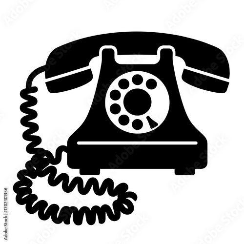 Black and White Graphic Illustration of a Classic Rotary Dial Telephone with Cord