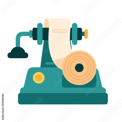 Vintage Teal Green Ticker Tape Machine with Paper Roll Flat Vector Illustration