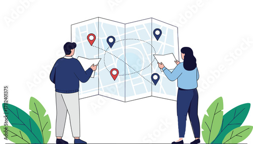 Travel planning vector illustration, people analyzing map, location markers and routes, navigation concept, flat design, black yellow white
