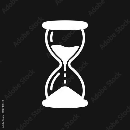 White Hourglass Icon on Black Background, Representing Time, Deadline, and Urgency in a Minimalist Style