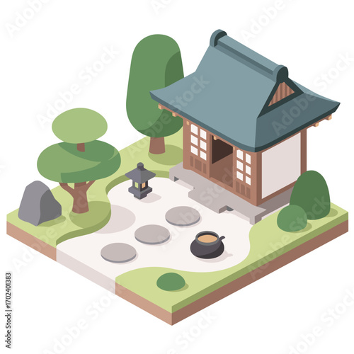 Isometric Japanese Garden with Traditional House, Stone Lantern, and Stepping Stones Illustration