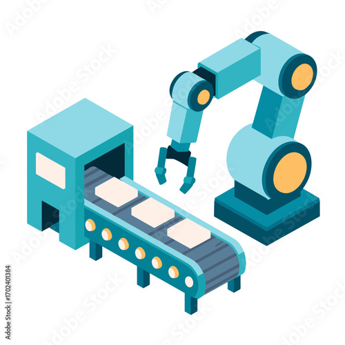 Isometric Illustration of a Robotic Arm Working on a Conveyor Belt in a Factory Setting