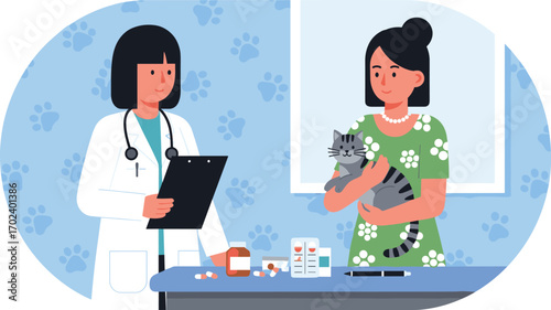 Veterinary clinic vector illustration, vet with clipboard and pet owner, cat check-up scene, flat design, black yellow white, cartoon style