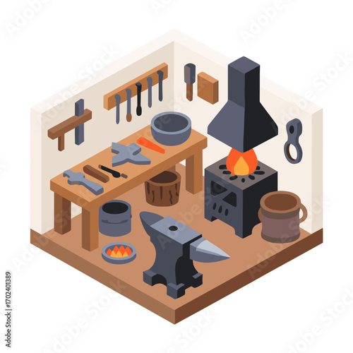 Isometric Blacksmith Workshop Interior with Anvil, Forge, and Tools Illustration