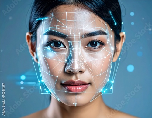 Close-up of a young woman's face with a futuristic blue glowing facial recognition grid overlay, symbolizing biometric security and artificial intelligence.