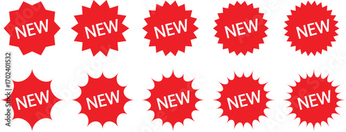 Starburst sticker and price label set, promo tag icons, discount label pack. Starburst price badge, glossy sale symbols, wavy edge red promo tags, flat style vector collection.