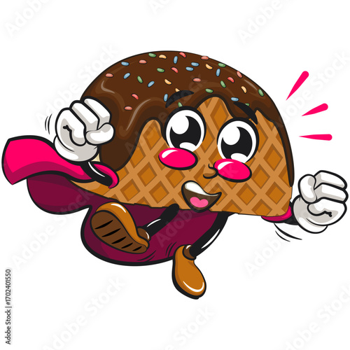 cute choco taco ice cream mascot character vector illustration as flying superhero wearing a robe, work of hand drawn