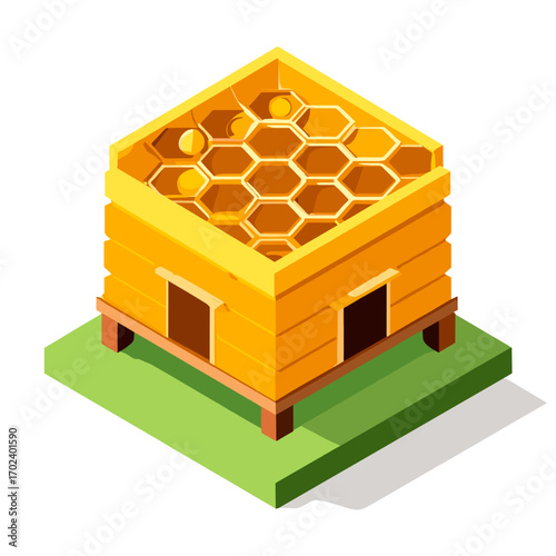 Isometric Beehive Illustration with Honeycomb Structure on Green Base, Vector Graphic Design