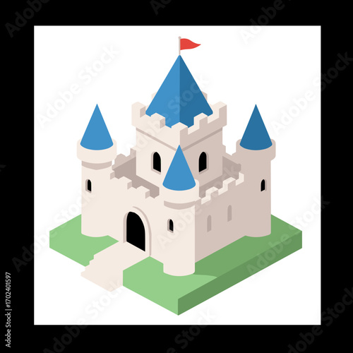 Isometric Vector Illustration of a White Castle with Blue Turrets and a Red Flag on a Green Base