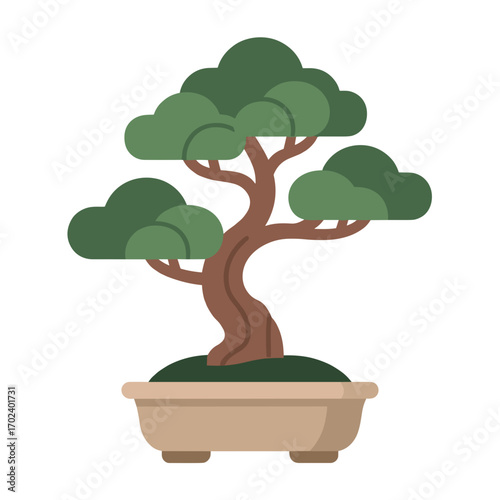 Stylized Bonsai Tree in a Pot Illustration with Green Foliage and Brown Trunk, Simple Flat Design